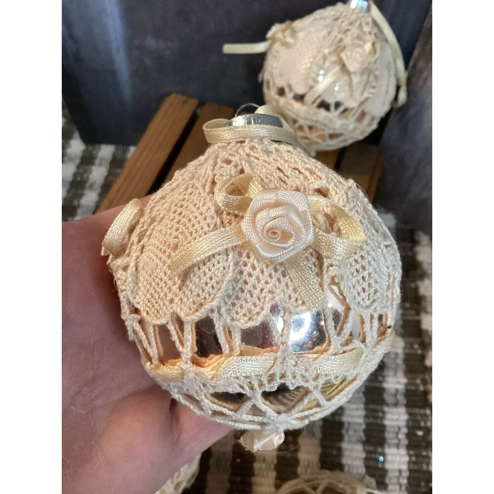 Vintage Alderbrook Lace Covered Silver Glass Christmas Ball Ornaments Set Of 7